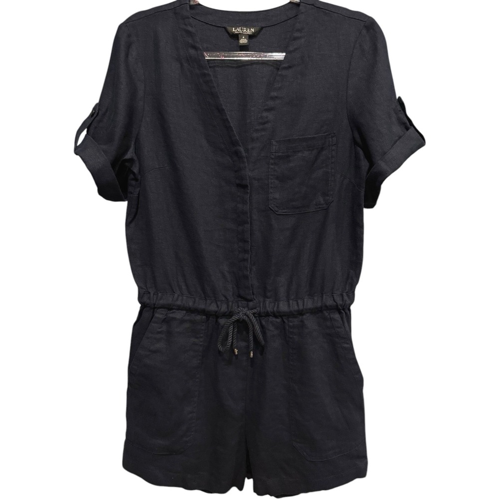 Ralph Lauren Linen Navy Utility Romper Shorts Casual Jumpsuit Sz 4